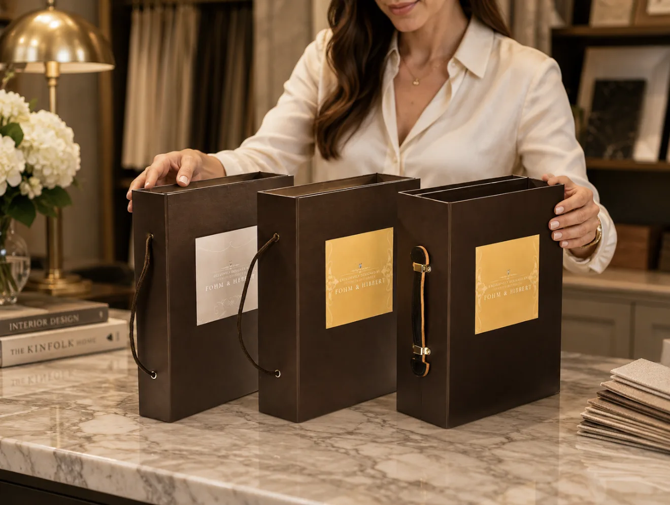 Custom turn-edge presentation boxes with rope handles